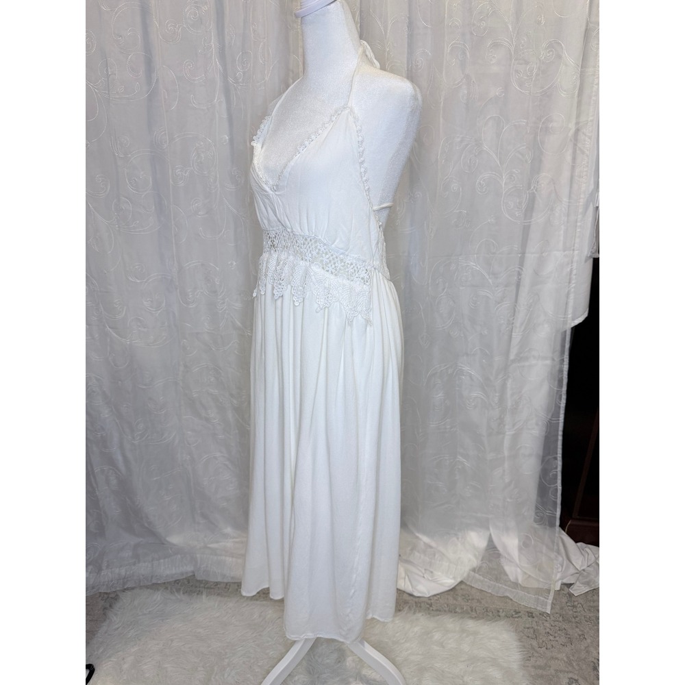 Suzanne Betro White Crochet Lace Halter Midi Dress Boho Tassel Smocked Back M - Picture 2 of 9